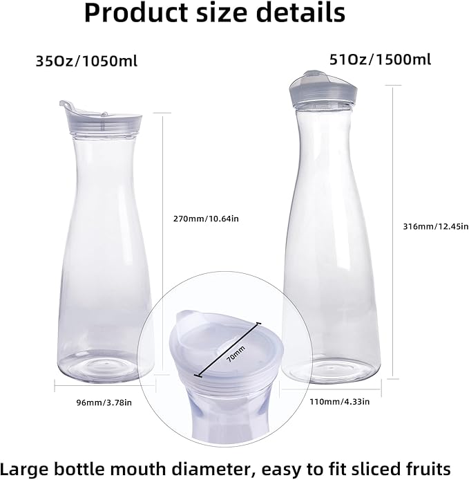 2 pack 50 oz Plastic Water Carafe with Flip Top Lid, Round Base Juice Containers for Mimosa Bar - BPA-Free Leakproof Beverage Pitcher for Water, Iced Tea, Milk & Fridge Storage（2Pack/50oz ）