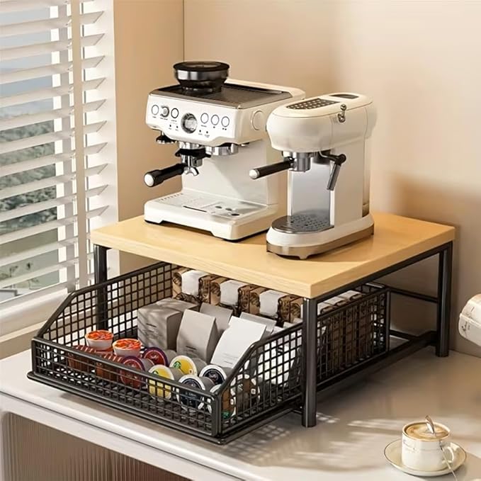 Kitchen Countertop Organizer with Drawer & Wire Basket, 3-Layer Fruit Storage Basket Snack Rack Hardwood, Desktop Pull-Out Metal Organizers for Coffee Maker Microwave Toaster & Spices (2-Layer Black)