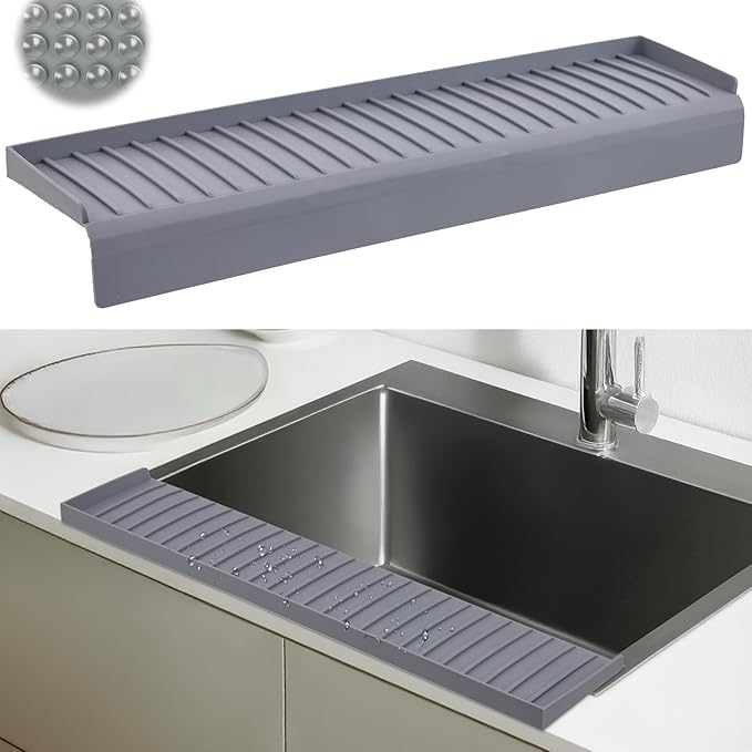 AyNirser Sink Edge Protector with Suction Cup 4"x30" 20" 14" Silicone Sink Splash Guard for Kitchen & Bathroom, Protect Countertop from Scratches, Stains, for Stainless Steel Granite Quartz-Grey
