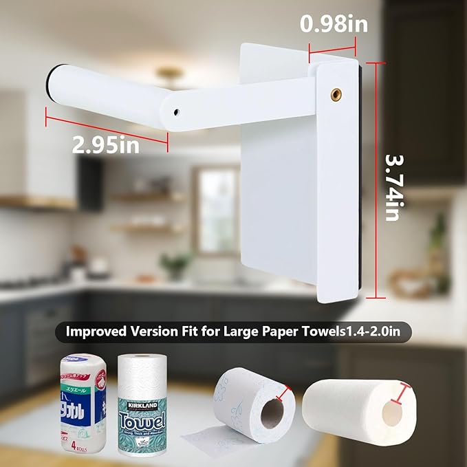 Magnetic Adjustable Paper Towel Holder,Upgrade Heavy Duty Steel with Strong Magnet for Refrigerator,Grill,Kitchen,Garage - Holds Large Rolls,White(2 Pack)