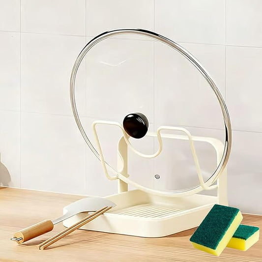 GDSAFS Kitchen Pot Lid Storage Rack, Pot Lid Holder With Tray, Lid Holder While Cooking, Lid And Spoon Rest, Multifunctional Kitchen Organizer Stand for Stove Top (Begie, Single-layer)
