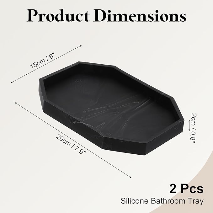 uxcell 2Pcs Bathroom Vanity Tray, 7.9" x 6" Octagon Silicone Soap Dispenser Trays, Shatterproof Kitchen Sink Organizer for Soaps Keys Candle Trinket, Marble Black