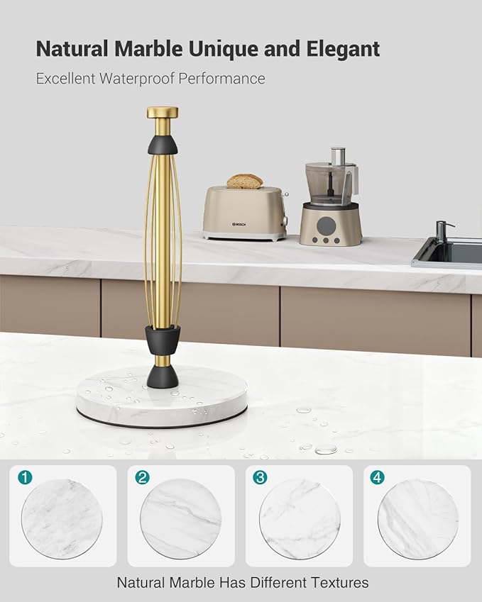 Marble Paper Towel Holder Countertop, Gold, Stainless Steel, One-Handed Tear, Freestanding Paper Towel Stand Rack with Ratchet Mechanism for Kitchen Toilet Bathroom Essentials Decor Accessories