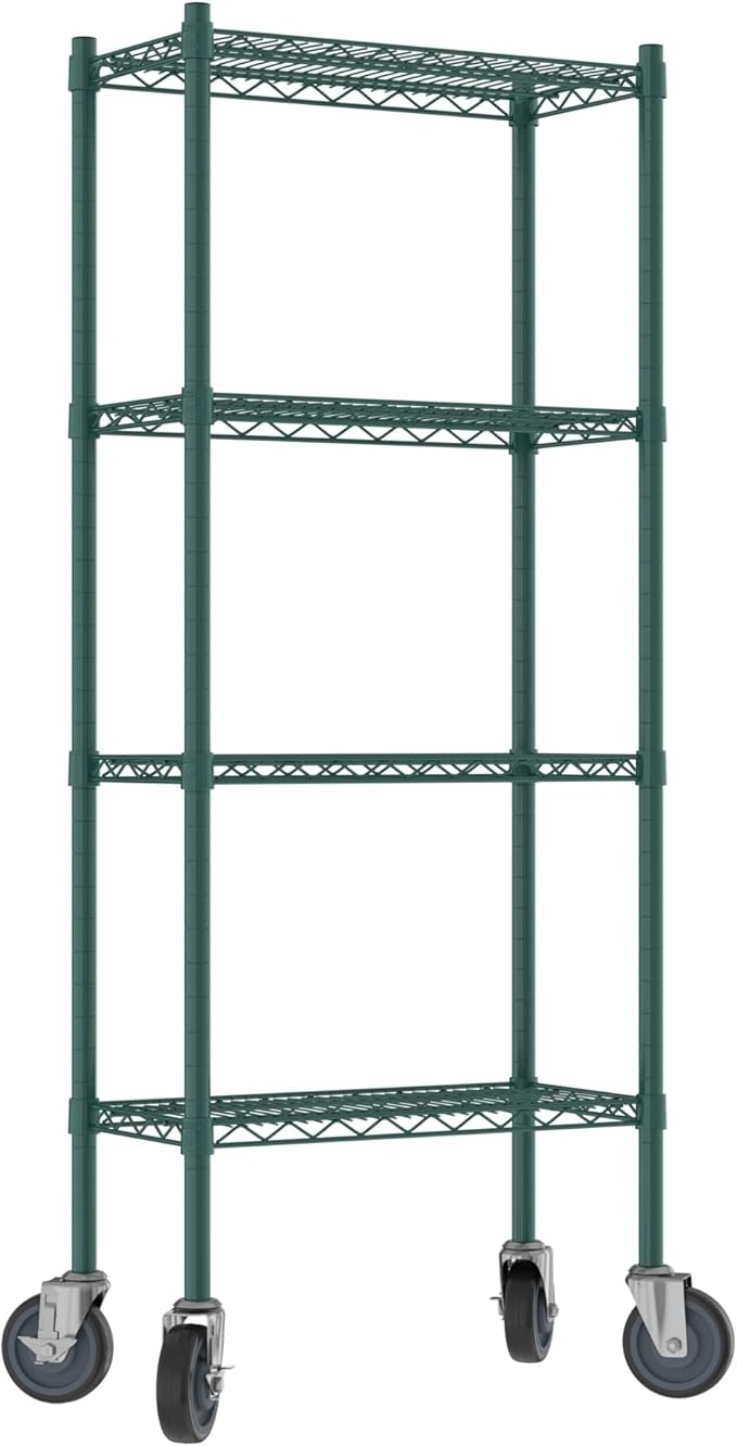 Commercial NSF Listed Green Epoxy Mobile Wire Shelving Kit 12" x 24" x 60", with 4 Shelves Perfect for Warehouse, Walk-in Refrigerator, Freezer, Grocery Store, Restaurant, Dishroom