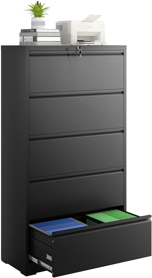 5 Drawer File Cabinet with Lock, Lateral Filing Cabinets,Metal Storage Filing Cabinets for Home Office, Heavy Duty File Cabinet for Letter/Legal/A4/F4 Size Amsseble Required, Black