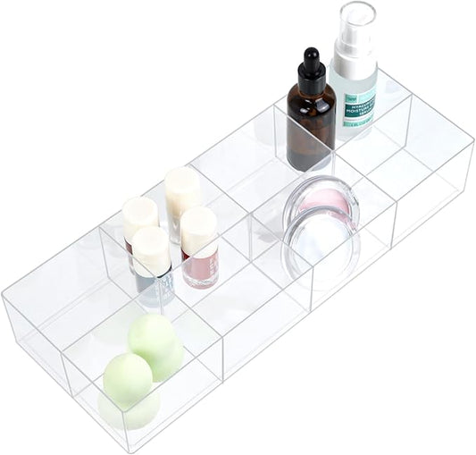 ZEXALOR Clear Drawer Organizer, 8 Sections Makeup Socks Organizer Holder, Drawer Dividers Office Desk Tray Bathroom Jewelry Trays (8 Cell)