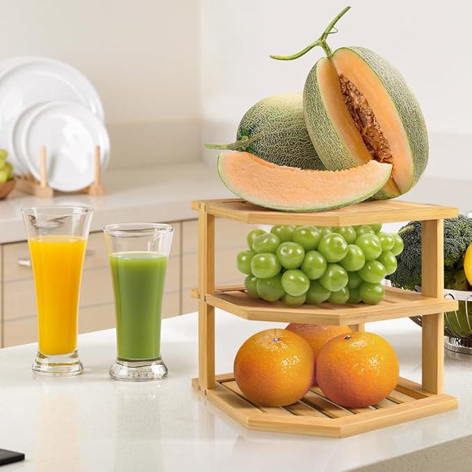 Bamboo Plate Organizer Kitchen Cabinet Organizer 3 Tier Corner Counter Shelf for Plate Dish Bathroom Countertop Shelves, Natural