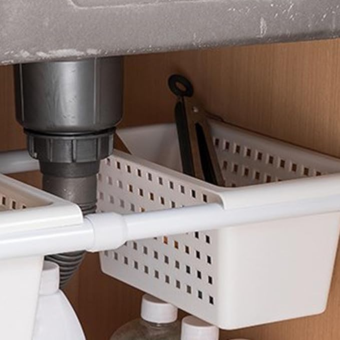 JTLB Storage Basket for Expandable Rod Under Sink Organizer PP Plastic Hanging Basket for Closet Wardrobe Kitchen