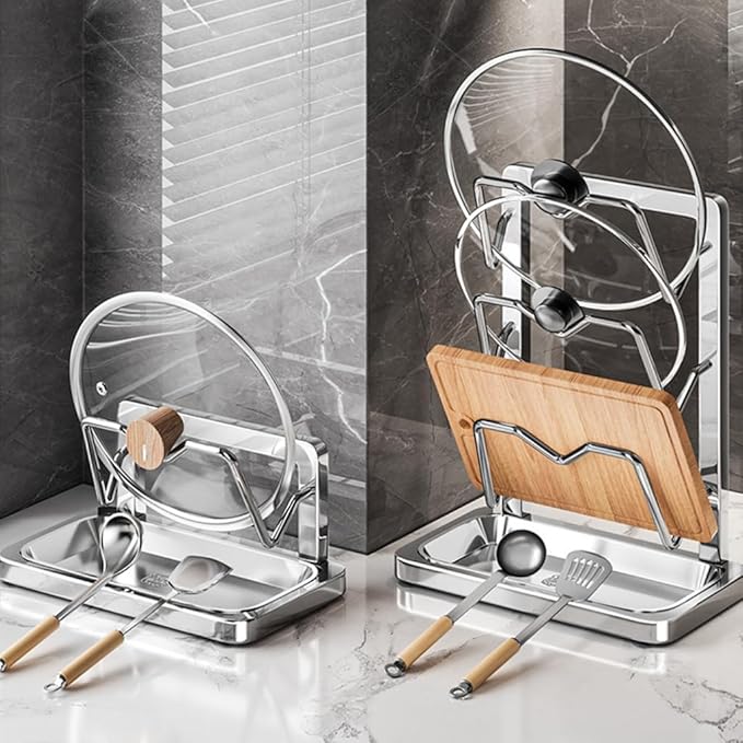 Kitchen Pot Lid Storage Rack, Pot Lid Holder With Tray, Lid Holder While Cooking, Lid And Spoon Rest, Multifunctional Kitchen Organizer Stand for Stove Top (Wall Mount, Single-layer)