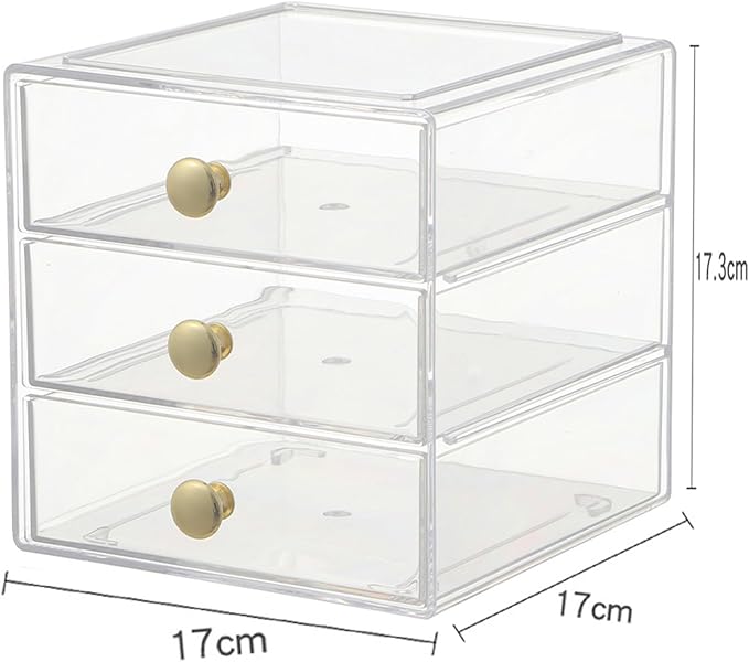 Makeup Drawer Organizer Box with 3 Drawers, Acrylic Cosmetic Display Case Vanity Organizer Jewelry Storage Box Stackable Storage for Cosmetics, Skin Care, Bathroom, Countertop, Gold Handle