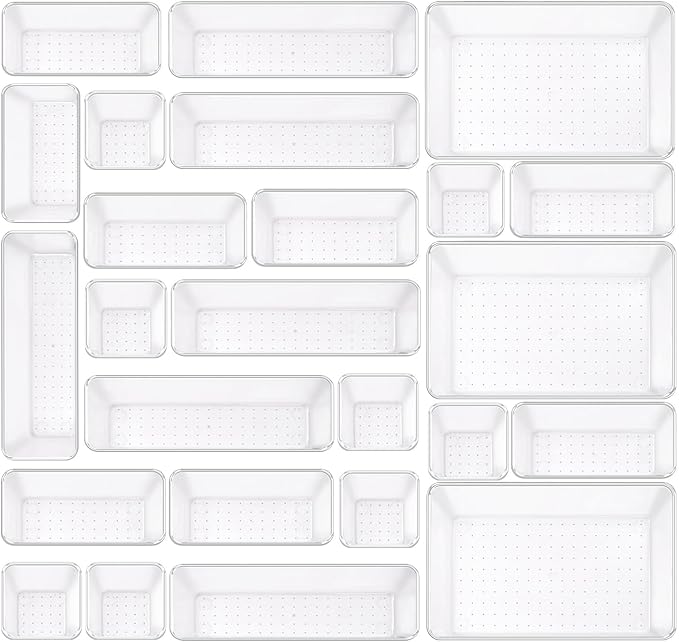 Clear Acrylic Drawer Organizers Set Storage for Makeup, Office Desk Small Vanity Trays for Drawer Bathroom Plastic Make up Organizers 25 Pcs