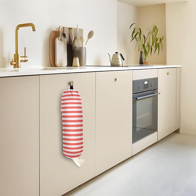 Plastic Bag Holder Wall Mount Grocery Bag Shopping Bag Storage Holder Organizer Dispenser with Adhesive Hook,for Kitchen Bathroom Home Decor 9x22 Inches Red and White Stripeds04