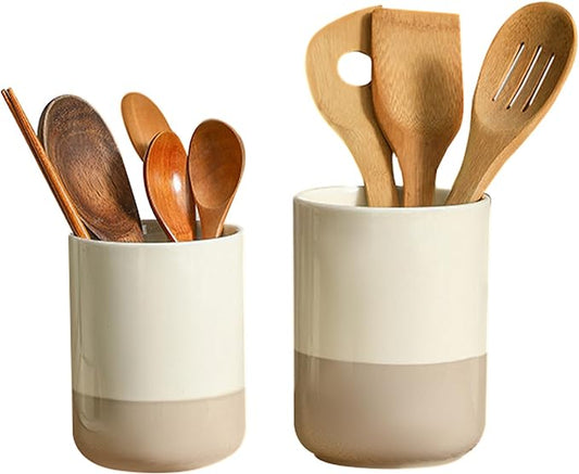 Ceramic Utensil Holder Set, 6.3''+5.3'' Cooking Utensil Crocks for Kitchen Counter, Modern Design Cooking Tool Organizer Set of 2, 800ml+1300ml Ideal for Spatula, Cutlery, Makeup, Flower Vase