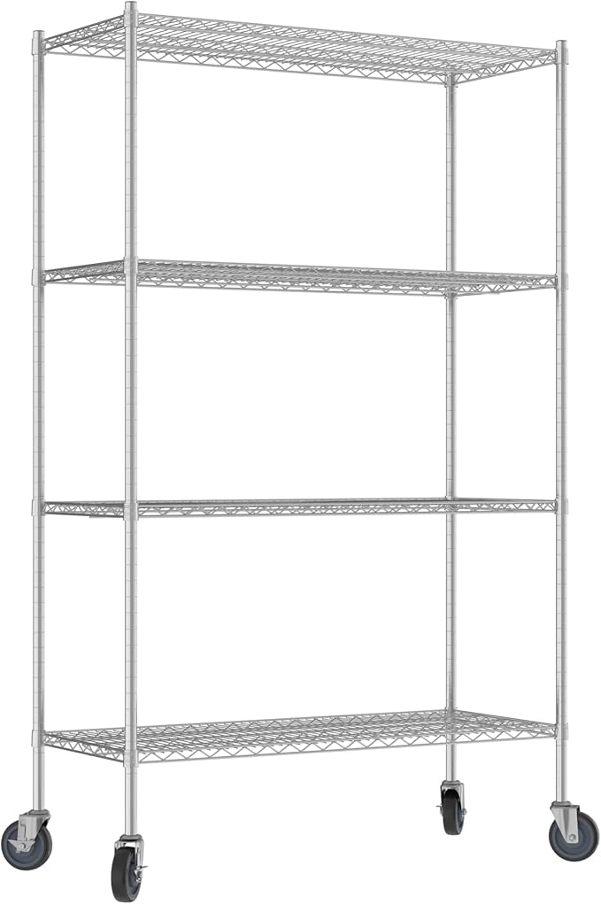 Commercial NSF Listed Chrome Mobile Wire Shelving Kit 21" x 48" x 80", with 4 Shelves Perfect for Warehouse, Walk-in Refrigerator, Freezer, Grocery Store, Restaurant, Dishroom