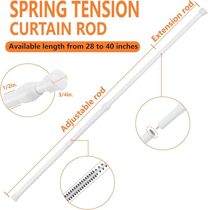 KXLife 6Pcs Spring Tension Curtain Rod, 28 to 40 Inch Adjustable Small Tension Rods No Drill, White Spring Loaded Curtain Tension Rod for Window