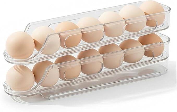 Egg Holder for Fridge 2 Tier Automatic Scrolling Egg Storage Clear Stackable Refrigerator Organizer Space Saving Kitchen Fridge Container for Home Restaurant Dispenser