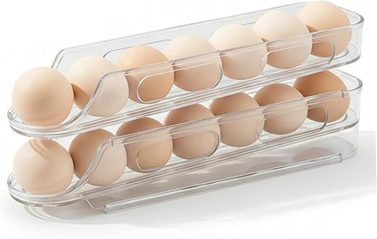 Egg Holder for Fridge 2 Tier Automatic Scrolling Egg Storage Clear Stackable Refrigerator Organizer Space Saving Kitchen Fridge Container for Home Restaurant Dispenser