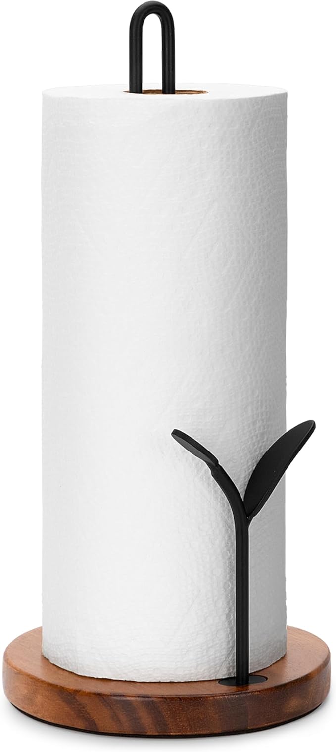 Wood Paper Towel Holder Countertop, Leaf-Shaped Accent Iron Rods with Anti Slip Weighted Base, Easy Tear Farmhouse Kitchen Towel Holder for Dining Table