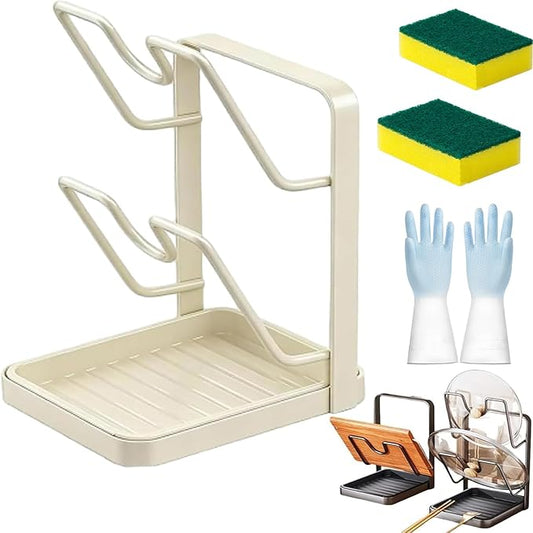 Kitchen Pot Lid Storage Rack, Pot Lid Holder with Drip Tray, Multifunctional Kitchen Organizer Stand with Removable Drip Tray, for Counter Stove Top Accessories (Begie,Double-layer)