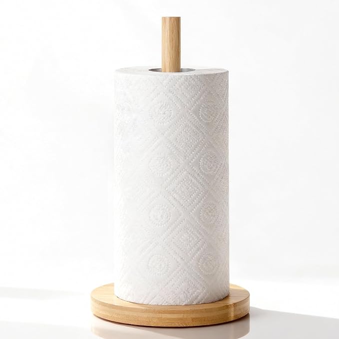 WORHE Bamboo Paper Towel Holder Countertop 1 Pack Thick Sturdy Base, Standing Paper Towel Roll Holder for Kitchen Bathroom Vanity Countertop, Paper Towel Dispenser for Bathroom (YGC017)