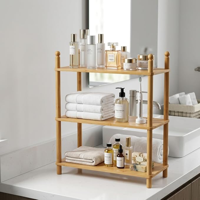 2-Tier Expandable Bamboo Desktop Organizer Shelf Kitchen Cabinet and Counter Riser Display Shelf for Top of Desk Home Office Bathroom Coffee Table Display Stand (1, Natural, 3-Tier)