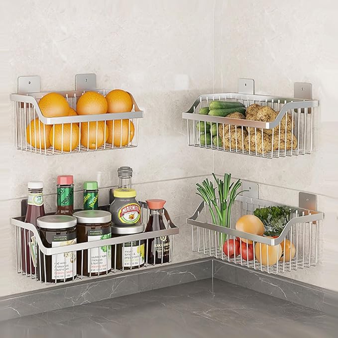 4 Set Hanging Wall Mount Storage Baskets, Multiuse Sturdy SUS304 Stainless Steel Organizing Baskets for Home Kitchen, Bathroom, Pantry Utility, Laundry Organizer,L15.75Inch, D 6.3Inch, H 4.75Inch