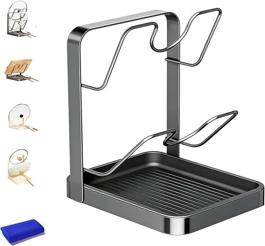 Kitchen Pot Lid Storage Rack, 304 Stainless Steel Holder and Spoon Rest, Lid Holder While Cooking, Multifunctional Kitchen Organizer Stand with Removable Drip Tray for Countertop (Double-layer Gray)