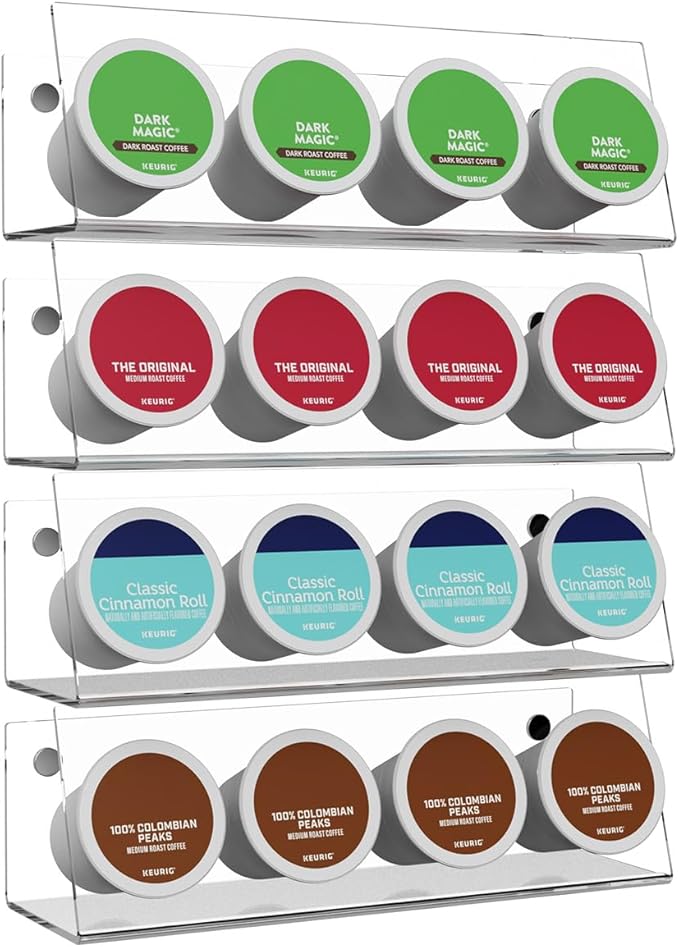 K Cup Holders, Acrylic Coffee Pods Organizer Stand Magnetic & Self-Adhesive Wall Mounted K Cup Stand for Kitchen Wall, Cabinet, Fridge (4 Pack for 16 Pods)