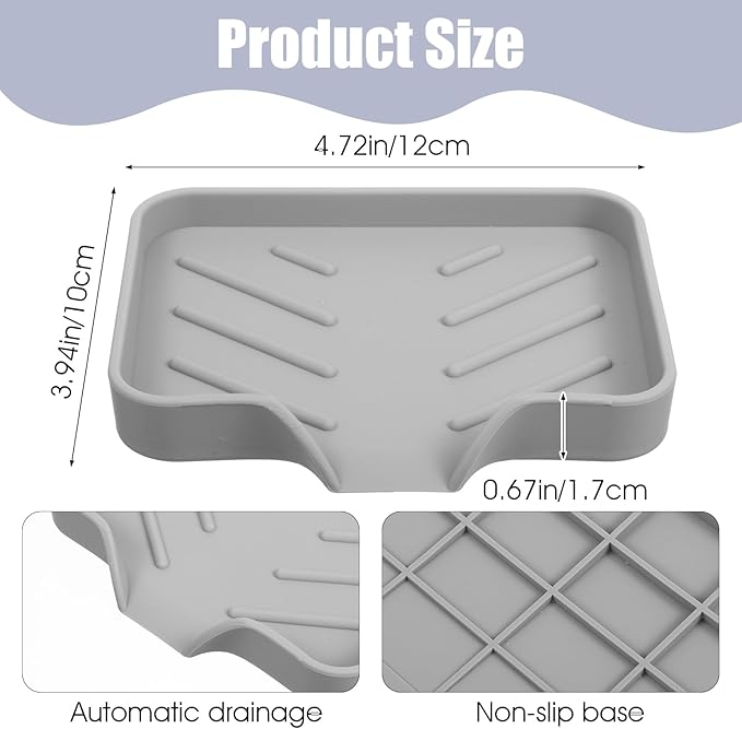 Silicone Bathroom Soap Dishes with Drain Spout Soap Dispenser Tray Sponge Holder Self Draining Kitchen Sink Counter Organizer Caddy for Dispenser Scrubber Bottle Cup(Grey)