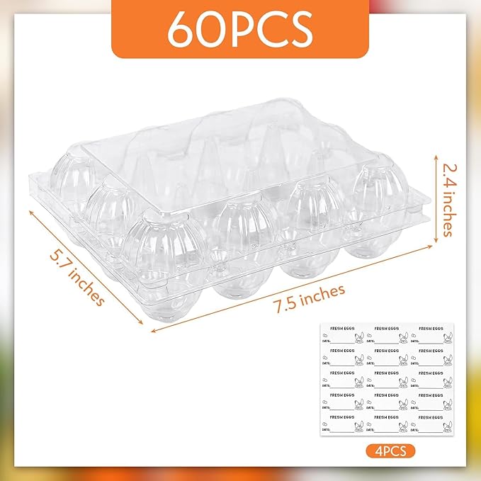 HAKSEN 60 PCS 12 Count Plastic Egg Cartons, with 60PCS Date Labels, Bulk Cheap Clear Reusable Egg Containers Holds for Fresh Medium Eggs Storage, Suitable for Farms, Family, Markets Display