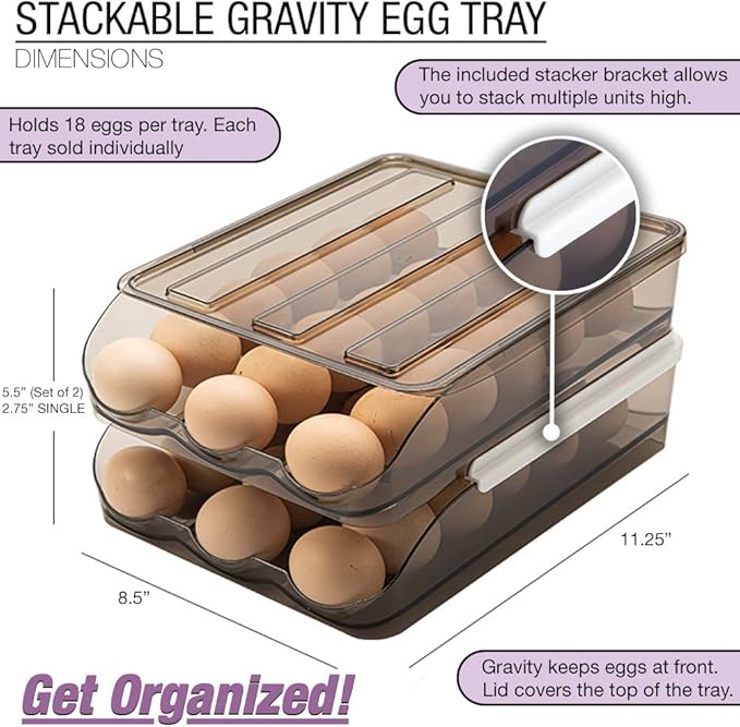 OnDisplay Stackable Acrylic Gravity Egg Tray Holder for Fridge - Food-Safe PET Refrigerator Storage Bin for Eggs (Brown, Single Tray)