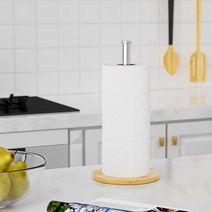 Paper Towel Holder Countertop, Weighted Wooden Base, Stainless Steel, FreeStanding, Easy Install, Durable, Ideal for Home,RV,Bathroom,Farmhouse Essentials Decor Accessories (Sliver)