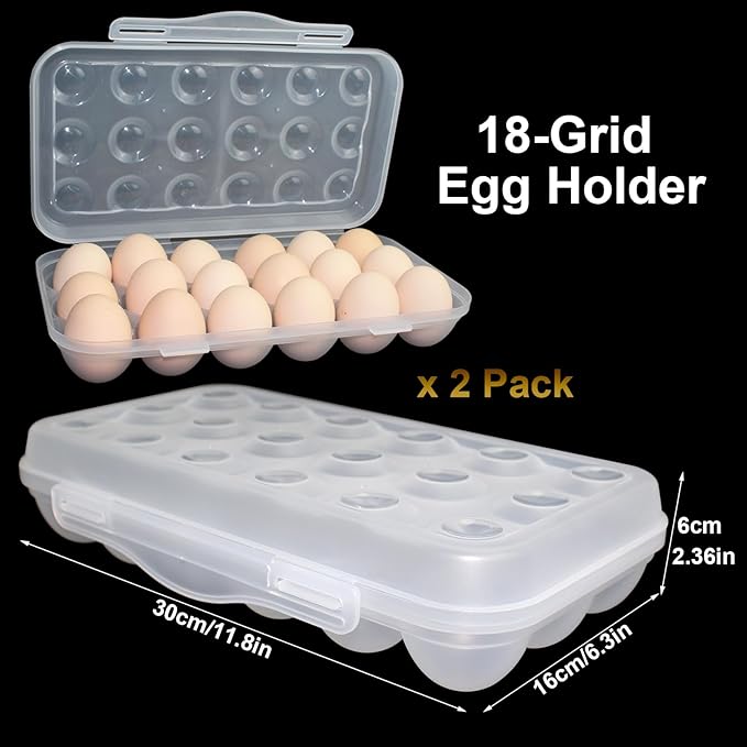 18 Grid Egg Container, 2 Packs Egg Holder Plastic Egg Storage Box Egg Organizer for Fridge Portable Egg Tray with Lid for Refrigerator Camping Hiking Outdoor Activities (18 Counts-2 Packs)