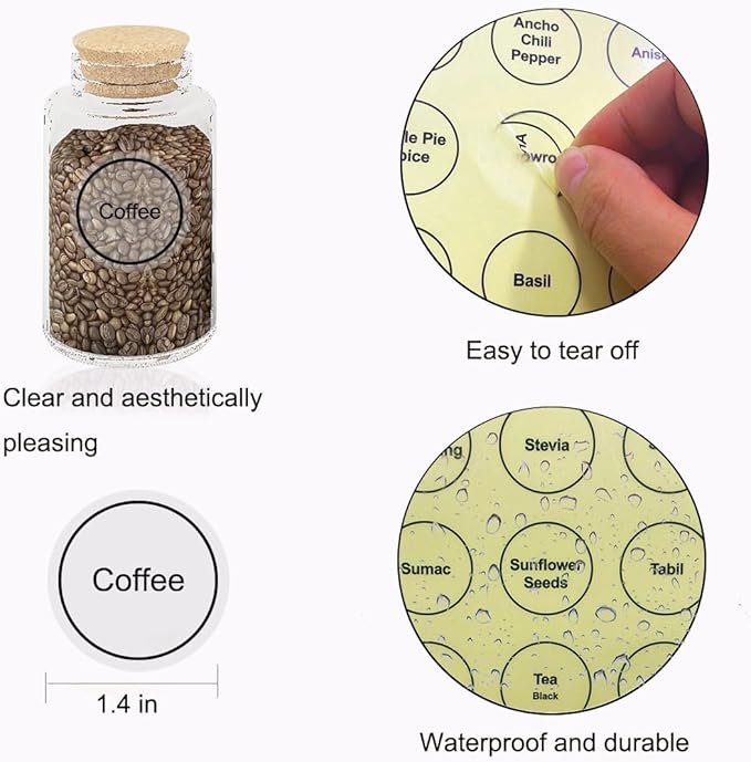Spice Labels, 432Pcs Spice Labels Stickers 1.4in Waterproof Adhesive Round Preprinted Spice with Blank Label Black Tear Resistant Sticker for Kitchen Jars Caps Food Containers Organizers (T Black)