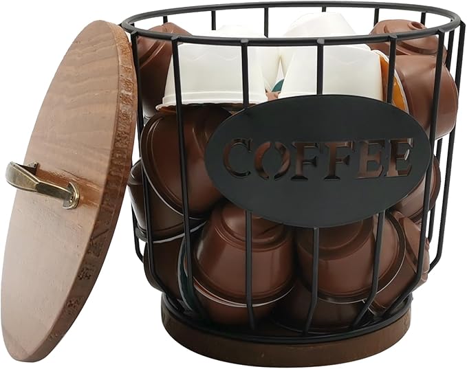 Round Coffee Pods Holder with Wooden Lid and Base,Wire Coffee Pods Storage Basket for Home Cafe Bar Countertop Decor(Black)