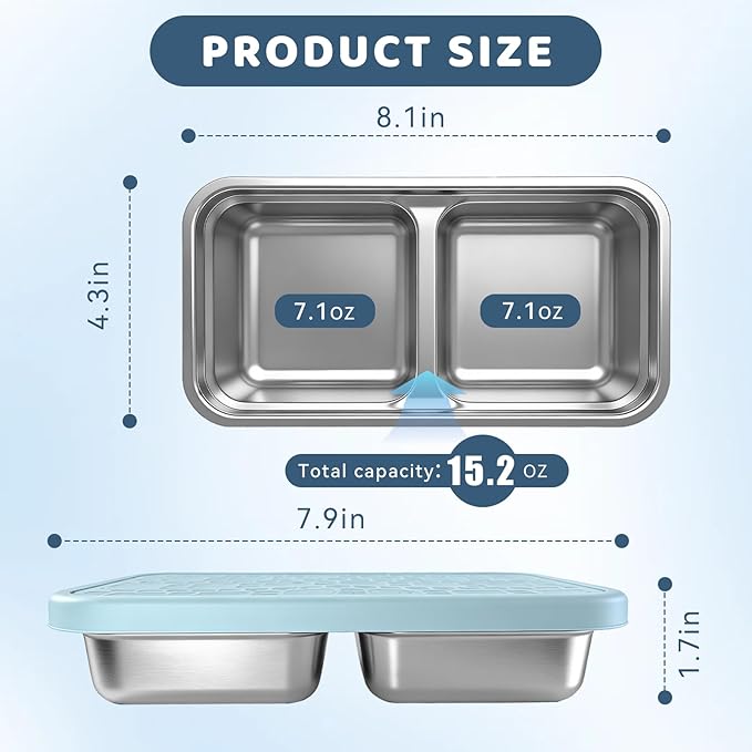 3 Pack 15 oz Stainless Steel Snack Containers for Kids, reusable metal snack containers with Silicone lids, 2 Compartment Stackable Metal Toddler Lunch Box for Daycare, School and Outdoor