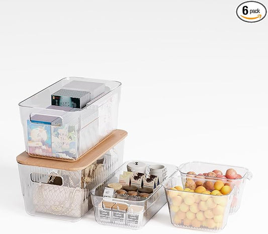 5 Pack PET Fridge Storage Bins with Bamboo Cutting Board | BPA Free Plastic Containers with Handles for Fridge and Freezer Organization