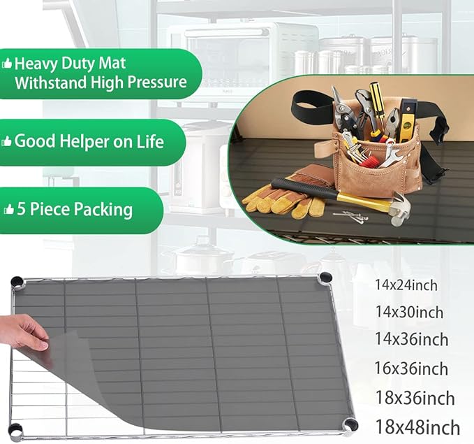 Slendor Wire Shelf Liner 16" x 36" Value Pack of 5 Flat Heavy Duty Waterproof Non-Adhesive Industrial Strength Plastic Mats for Tier Shelving Unit, Gray