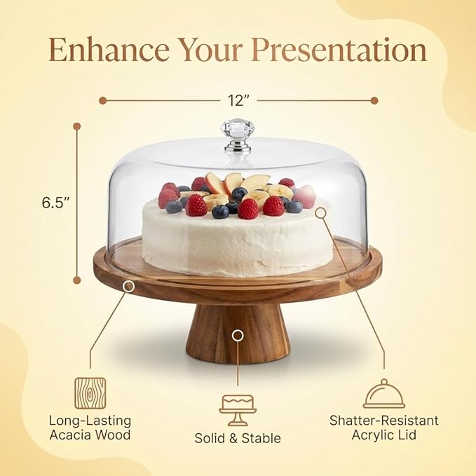 2-in-1 Multifunctional Cake Stand with Acrylic Dome, Rotating Cake Plate Acacia Wood Cake Stand with Acrylic Lid, Cake Decorating Turntable for Baking Gifts, Birthday Kitchen Party, Weddings