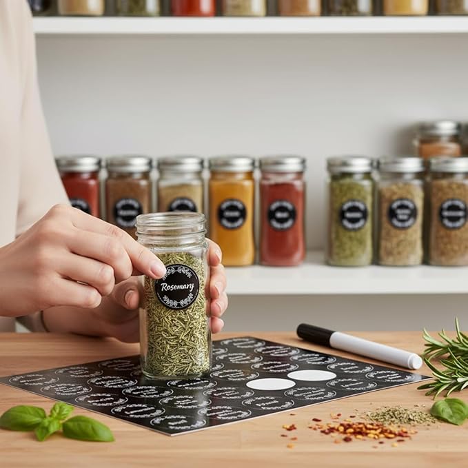 672 Preprinted Spice Labels with A–Z Index, Minimalist Black Round Stickers for Kitchen Jars, Waterproof Oilproof Tear-Resistant Herb & Seasoning Labels – 1.2" Pantry Label Set