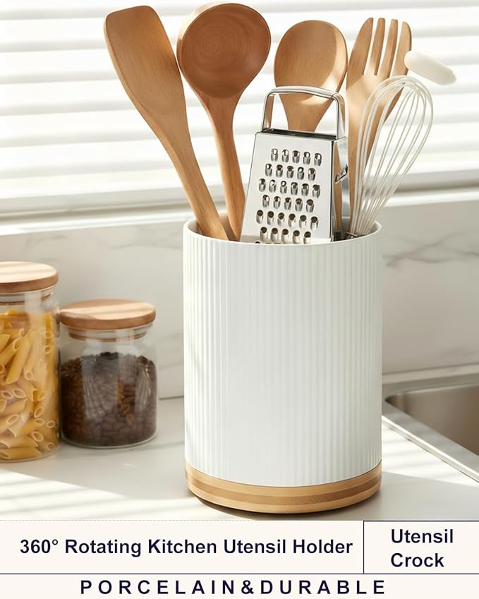 Utensil Holder 360°Rotating for Kitchen Countertop, 7.9'' Ceramic Large Cooking Utensil Crock with wododen for Counter Decor,Morden Utensil Organizer for Spatula, White