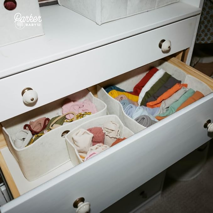 Parker Baby Felt Drawer Organizers 3 Pack | Versatile & Sturdy Nursery Organizers for Drawers | Extra-Durable and Collapsible Soft Felt Drawer Storage Bins w/Soft Edges | Heathered White, 3 Pack
