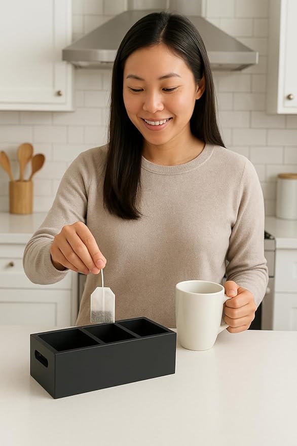Moldie Black Wood Tea and Sugar Pack Organizers, Wooden Box with 3 Slots, Kitchen and Office Storage Organizers for Countertop