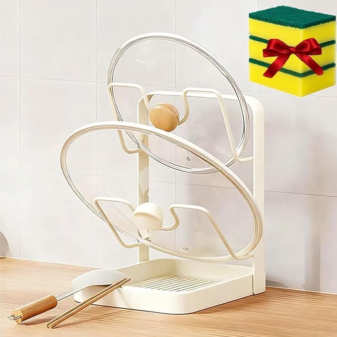 Kitchen Pot Lid Storage Rack, Pot Lid Holder for Countertop, Rust-Resistant Steel Lid Holder While Cooking, Multifunctional Spoon Rest with Removable Drip Tray (Beige, Double-layer)