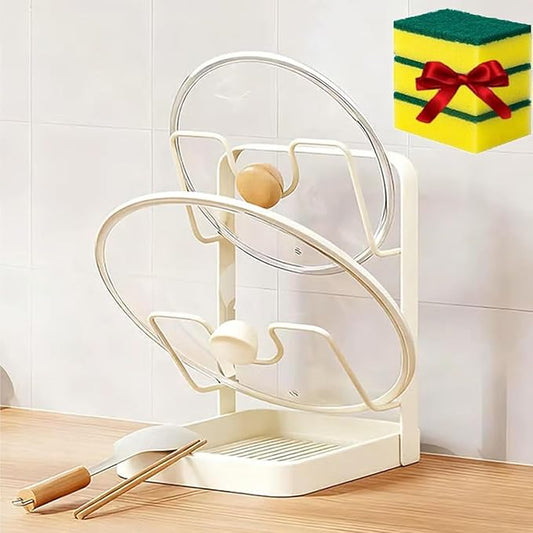 Kitchen Pot Lid Storage Rack, Pot Lid Holder for Countertop, Rust-Resistant Steel Lid Holder While Cooking, Multifunctional Spoon Rest with Removable Drip Tray (Beige, Double-layer)