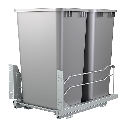 Rev-A-Shelf Double Pullout Trash for Full Height Kitchen Cabinets 50 Quart 12.5 Gallon with Soft-Close Slides, Metallic Silver, 53WC-2150SCDM-217