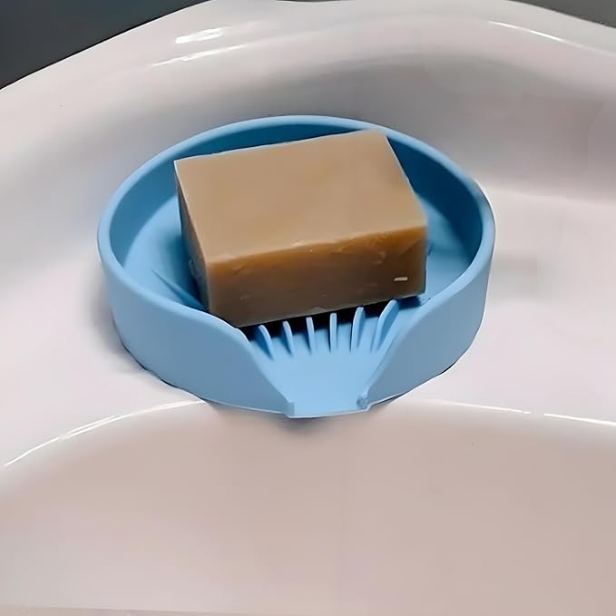 Self Draining Soap Dish, Silicone Soap Holder with Suction Cup and Drain Spout, Kitchen Bathroom Sink Organizer, Dish Soap Bar Tray Savers Sponge Holder, Perfect for Dispenser, Scrubber, Bottle, Cup