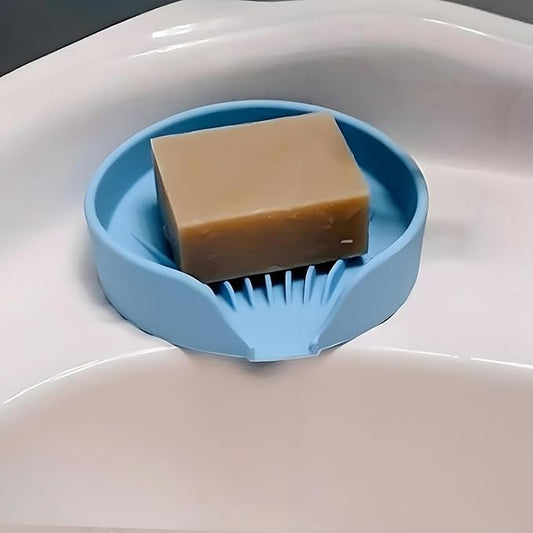 Self Draining Soap Dish, Silicone Soap Holder with Suction Cup and Drain Spout, Kitchen Bathroom Sink Organizer, Dish Soap Bar Tray Savers Sponge Holder, Perfect for Dispenser, Scrubber, Bottle, Cup