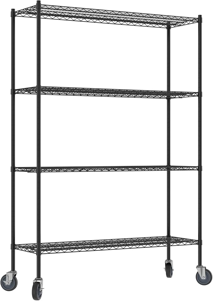 Commercial NSF Listed Black Epoxy Mobile Wire Shelving Kit 18" x 54" x 80", with 4 Shelves Perfect for Warehouse, Walk-in Refrigerator, Freezer, Grocery Store, Restaurant, Dishroom