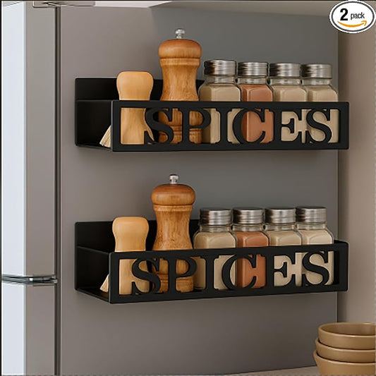 2 Pack Spices Magnetic Spice Rack for Refrigerator Metal Magnet Basket Shelf for Fridge Seasoning Storage Organizers Home Decor Kitchen Accessories (Black)